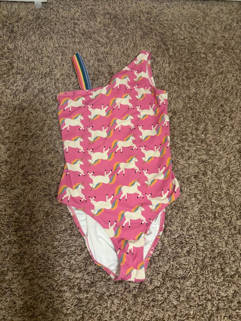 Hanna Andersson Printed Asymmetrical One Piece Swimsuit 150 CM 12 Pink Unicorns